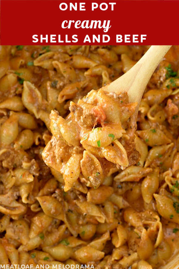 close up of pasta shells and ground beef on a spoon