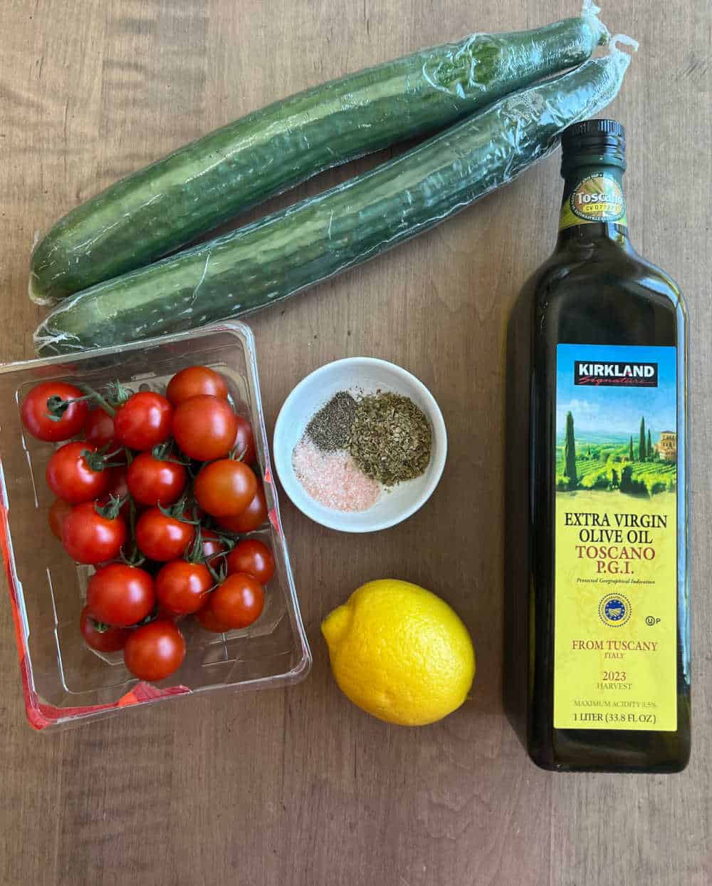 english cucumbers, cherry tomatoes, lemon, olive oil and seasonings.