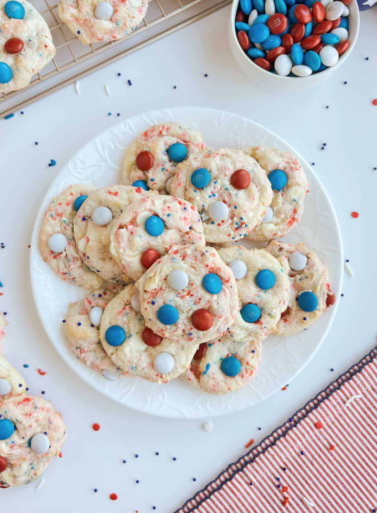 red white and blue cake mix cookies on plate.