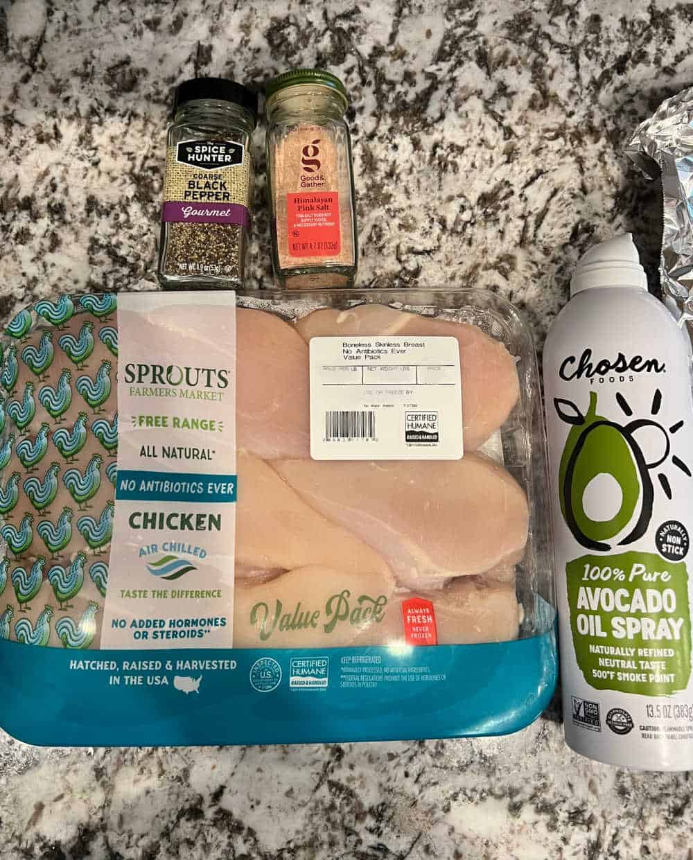boneless chicken breast, avocado oil, salt, pepper.
