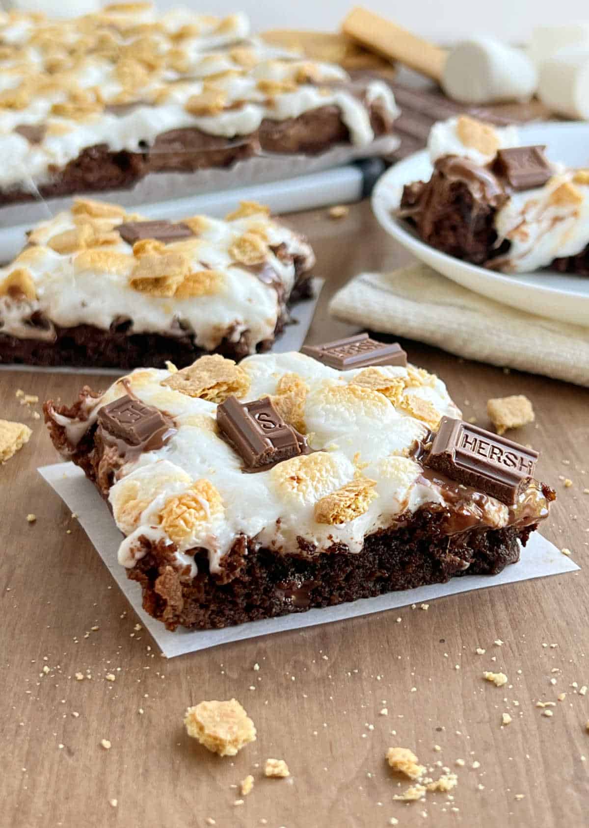 smores brownie with graham cracker crumbs, chocolate pieces and gooey marshmallow topping.