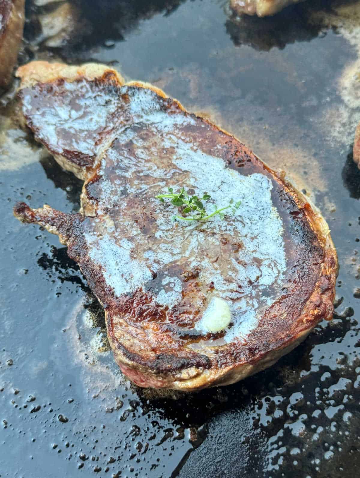 ribeye steak with garlic and thyme on flat top griddle.