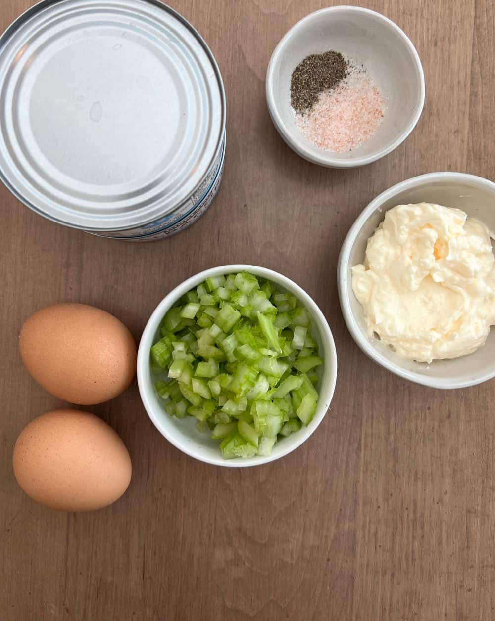 canned tuna, hard boiled eggs, chopped celery, mayo, salt and pepper.