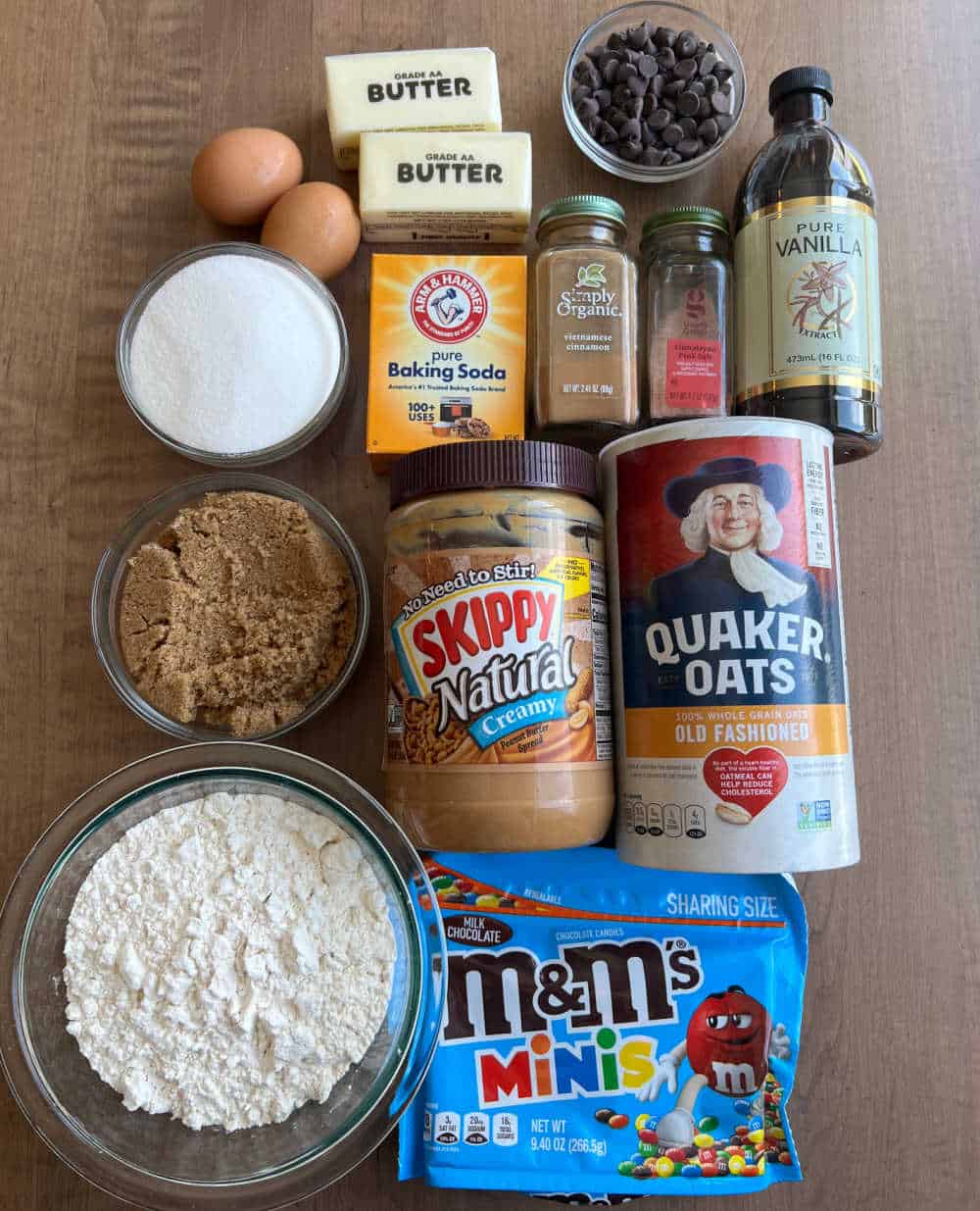 flour, oats, peanut butter, chocolate chips, candy and ingredients for cookie dough.