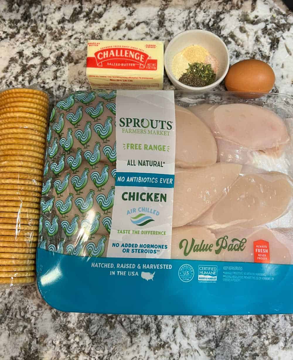 chicken breast, ritz crackers, butter, seasonings and egg