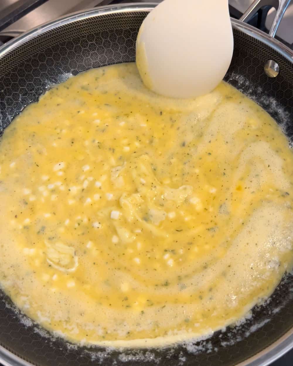 stir eggs in skillet.