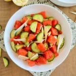 watermelon salad in serving bowl.