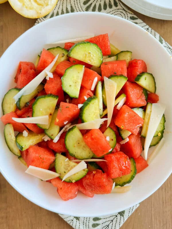watermelon salad in serving bowl.