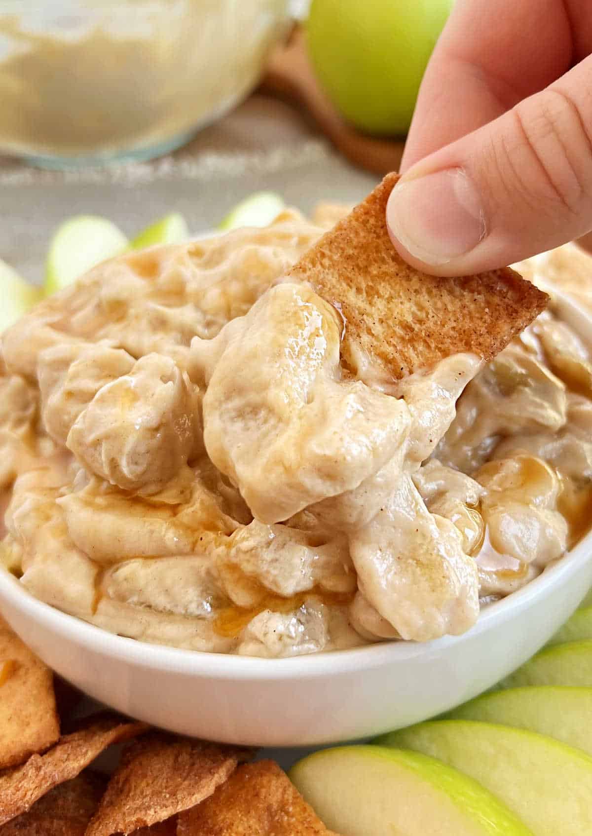 apple pie filling dip on cinnamon sugar pita chip.