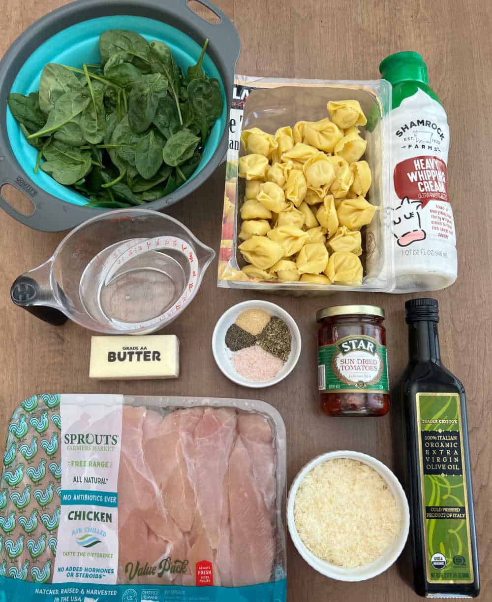 tortellini, chicken tenders, spinach, sun dried tomatoes and sauce ingredients.