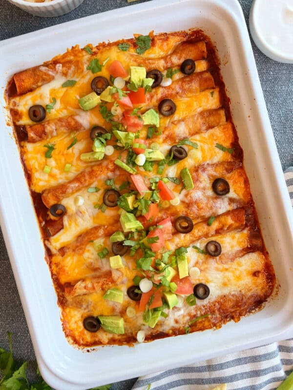 ground beef enchiladas in baking dish.