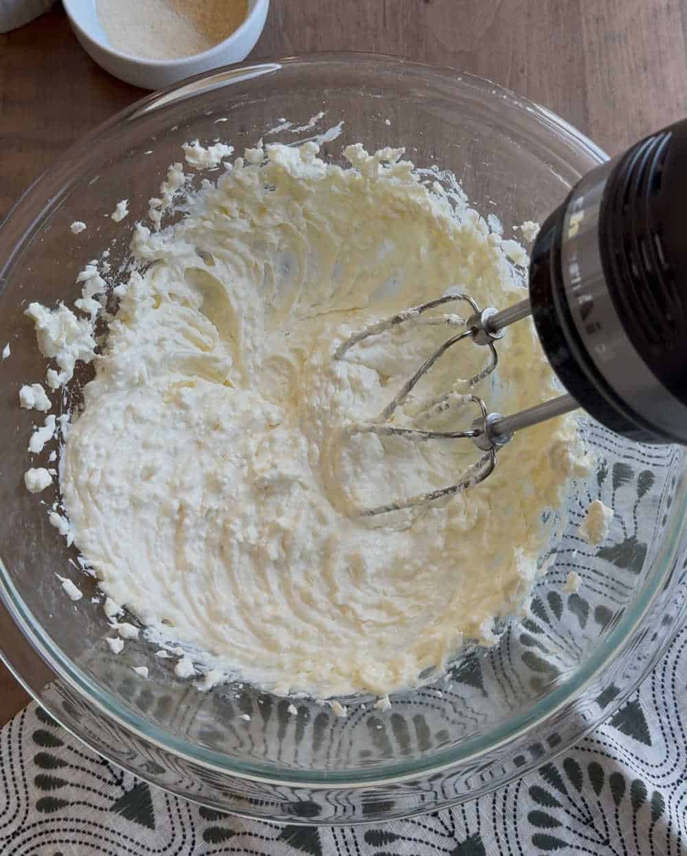 cream cheese and mayo with hand mixer.