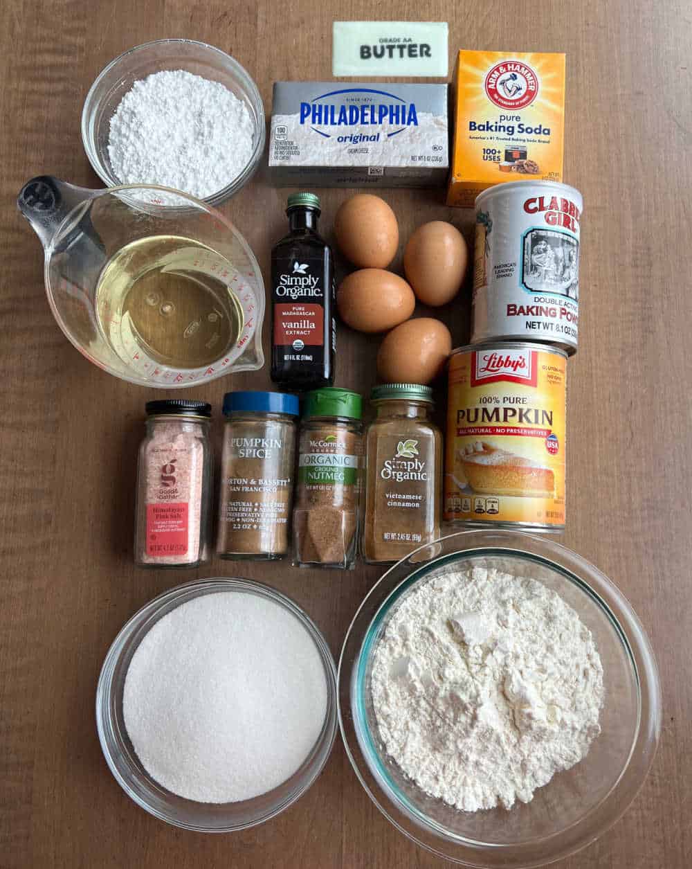 flour, canned pumpkin, eggs, spices, cream cheese, oil, butter, sugar, vanilla, baking powder.