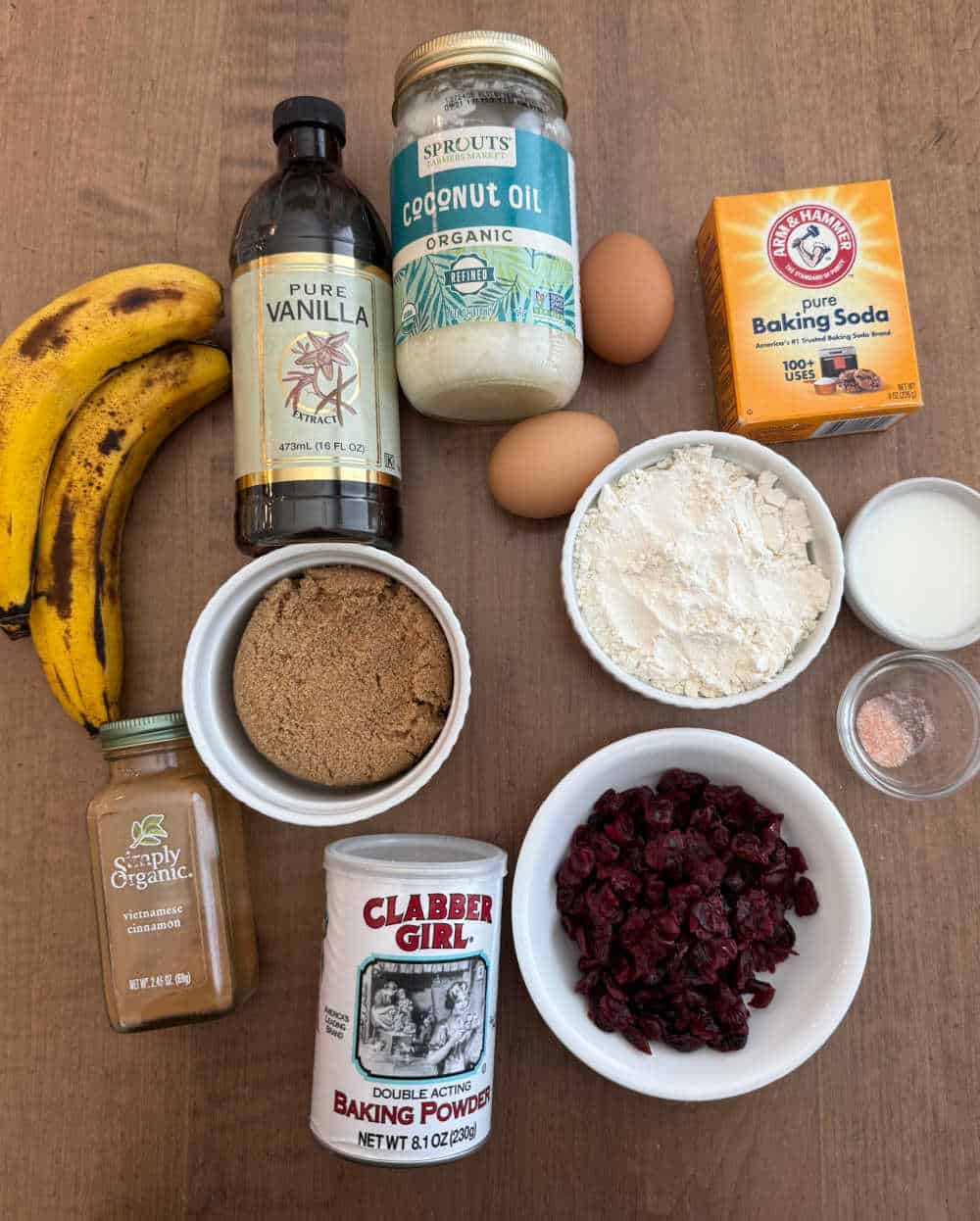 ripe bananas, Craisins and muffin ingredients.