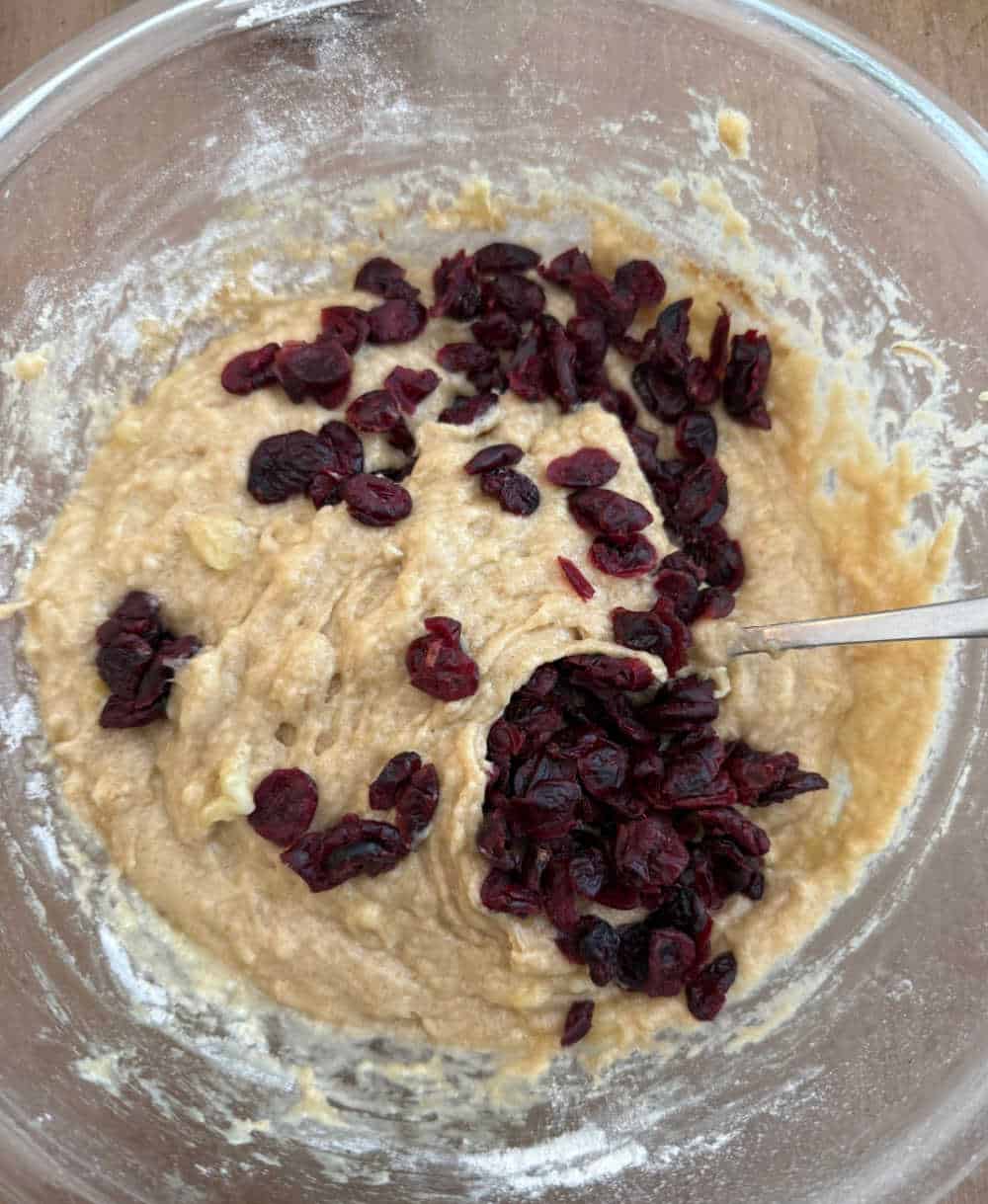 stir in dried cranberries with batter.