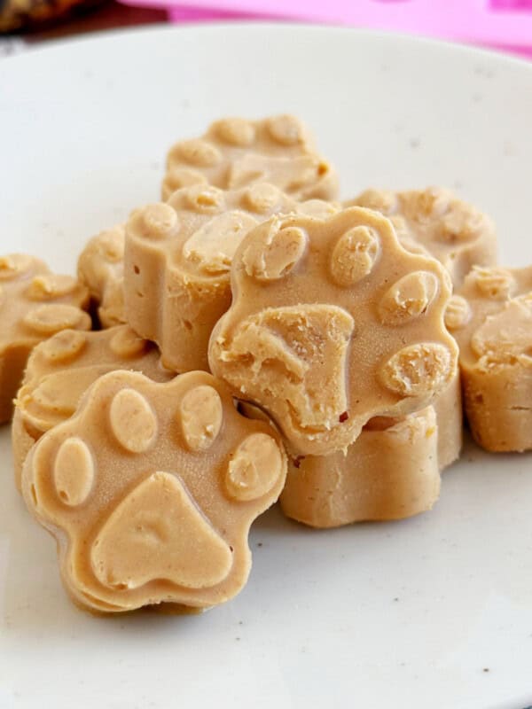 frozen peanut butter banana dog treats shaped like paw print.