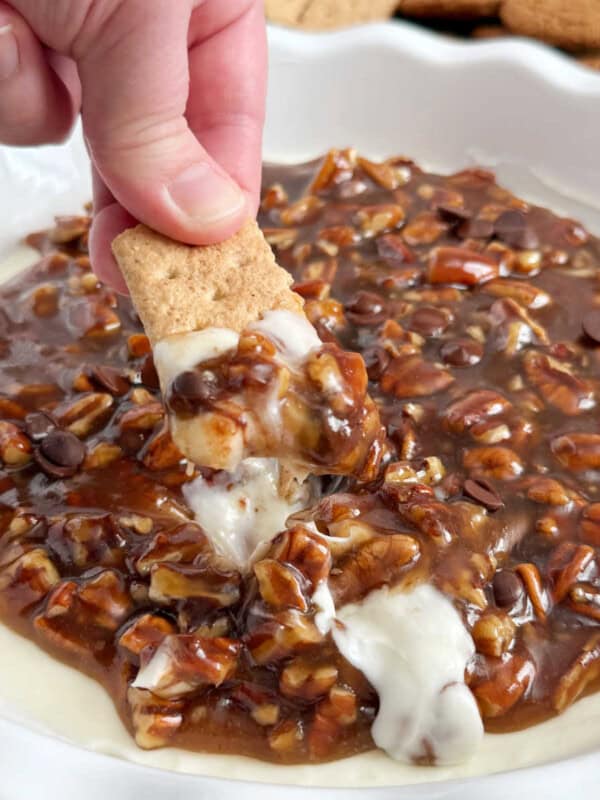 pecan pie dip on graham cracker.