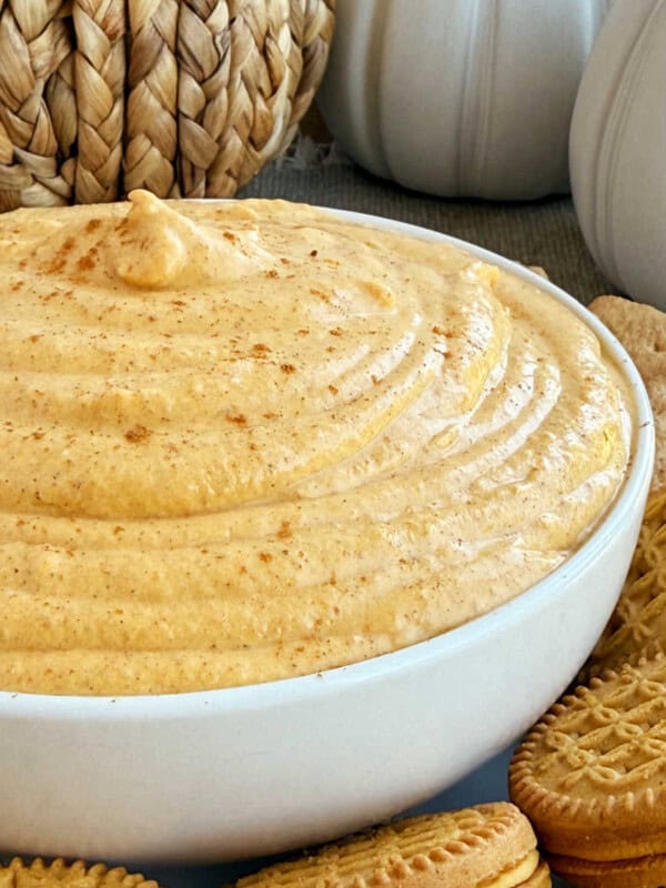 pumpkin cream cheese dip in serving bowl.