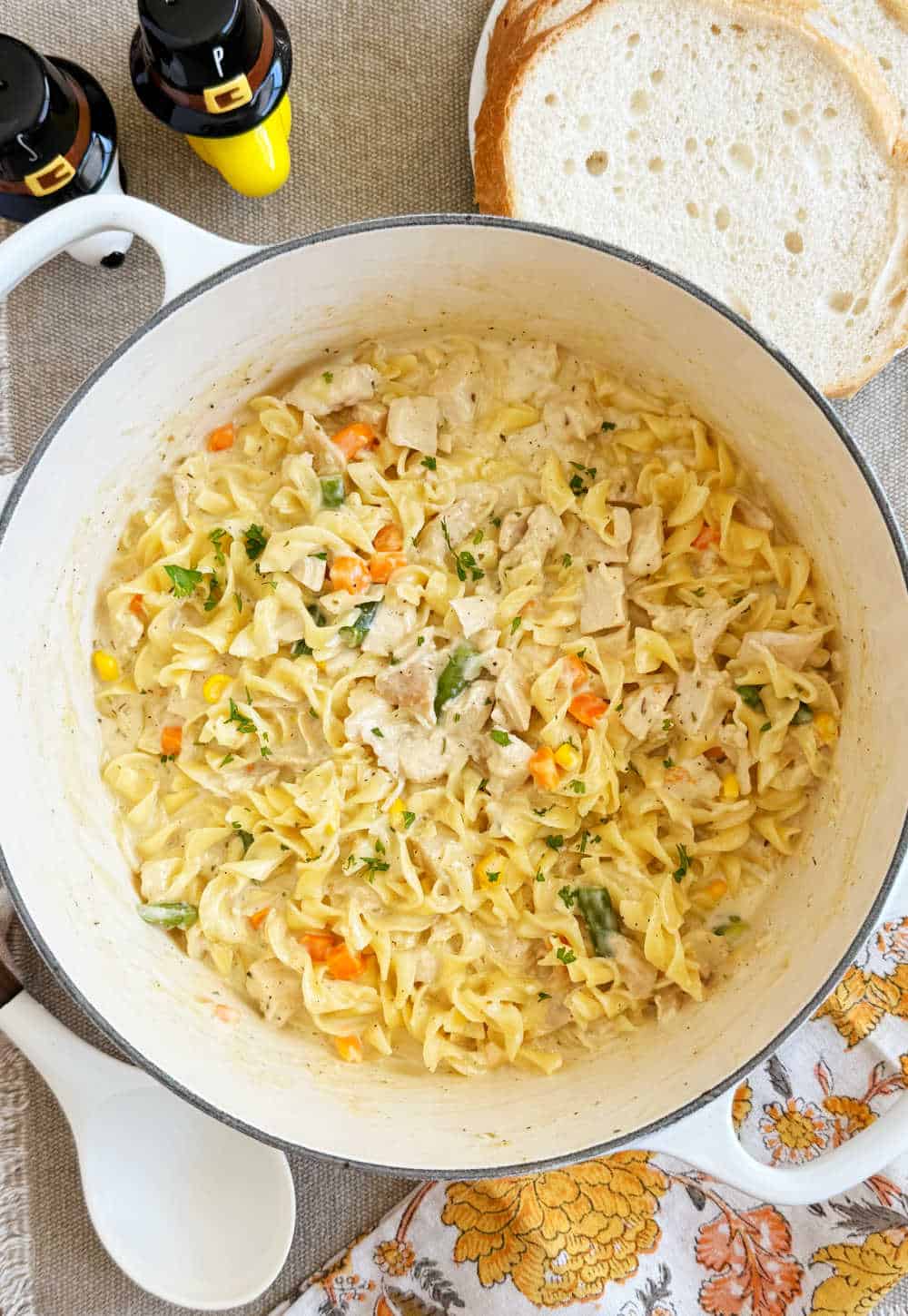 turkey casserole with egg noodles in dutch oven.