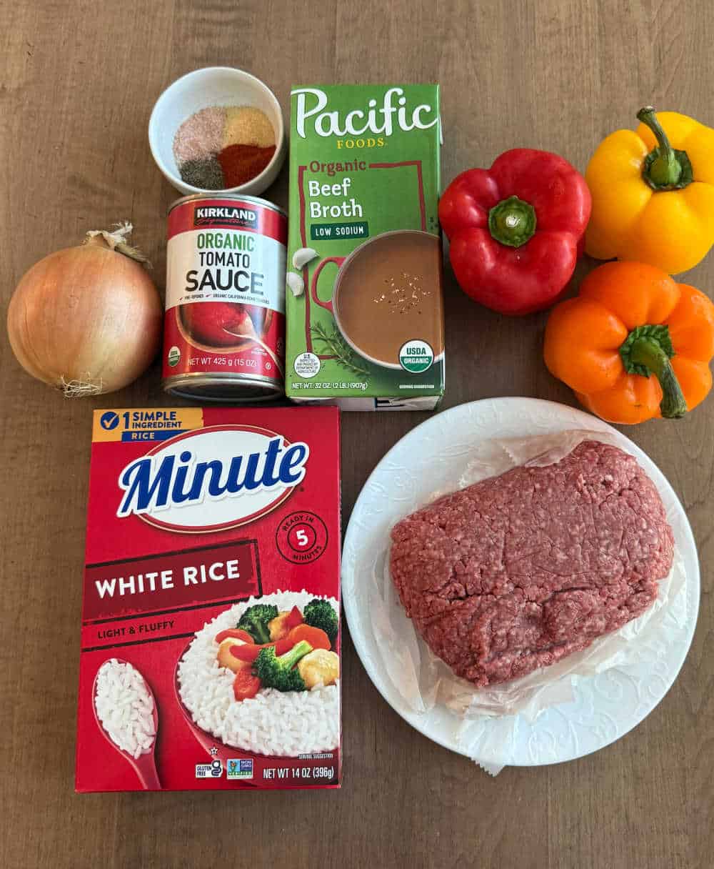 rice, ground beef, onion, tomato sauce, spices, broth, bell pepper trio.