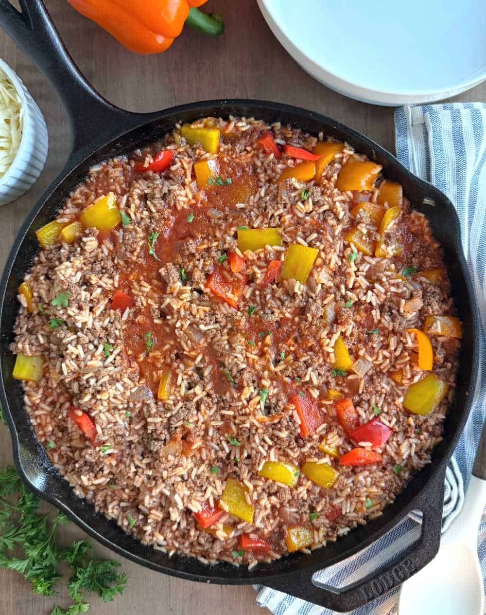 deconstructed stuffed pepper skillet with parsley.