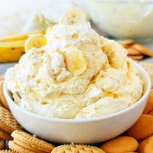 banana pudding with nilla wafers in a serving bowl.