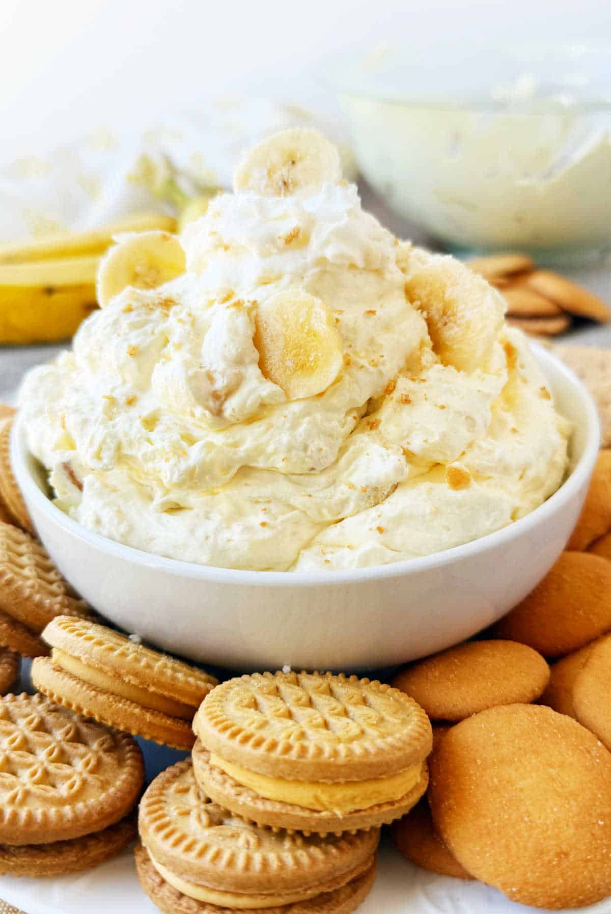 bowl of banana pudding dip with sliced bananas and nilla wafer cookies.