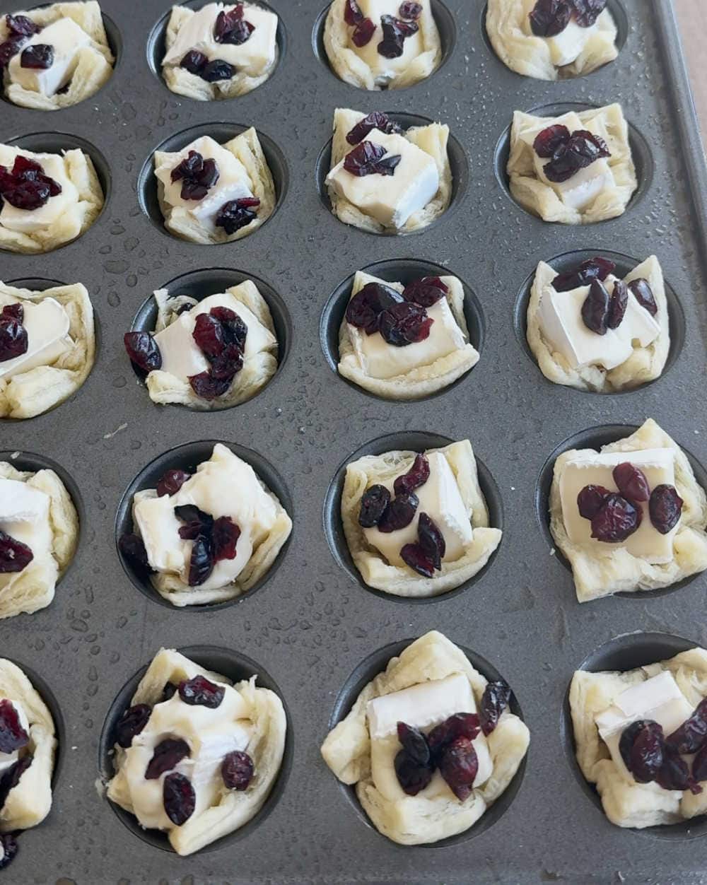 assemble baked brie bites in muffin tin.