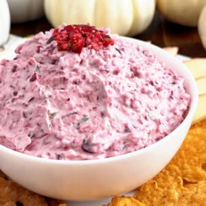 cranberry jalapeno dip in a serving bowl with chips.