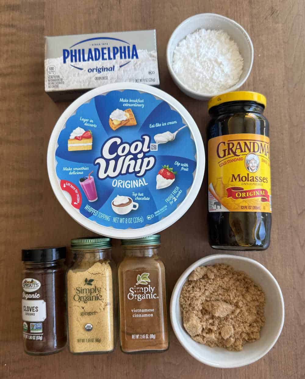 molasses, cream cheese and ingredients for dip.