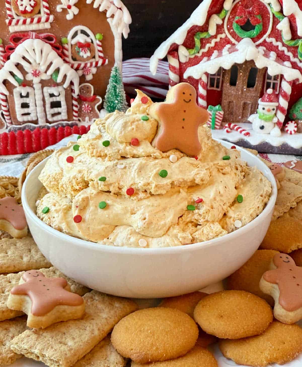 bowl of gingerbread dessert dip with cookie platter for dipping.