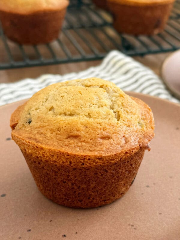 golden brown banana bread muffins on plate.