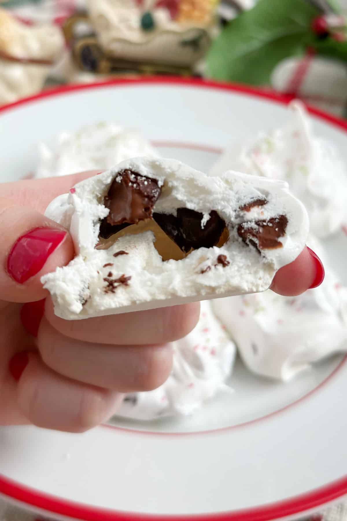 meringue cookie with chocolate chips inside.