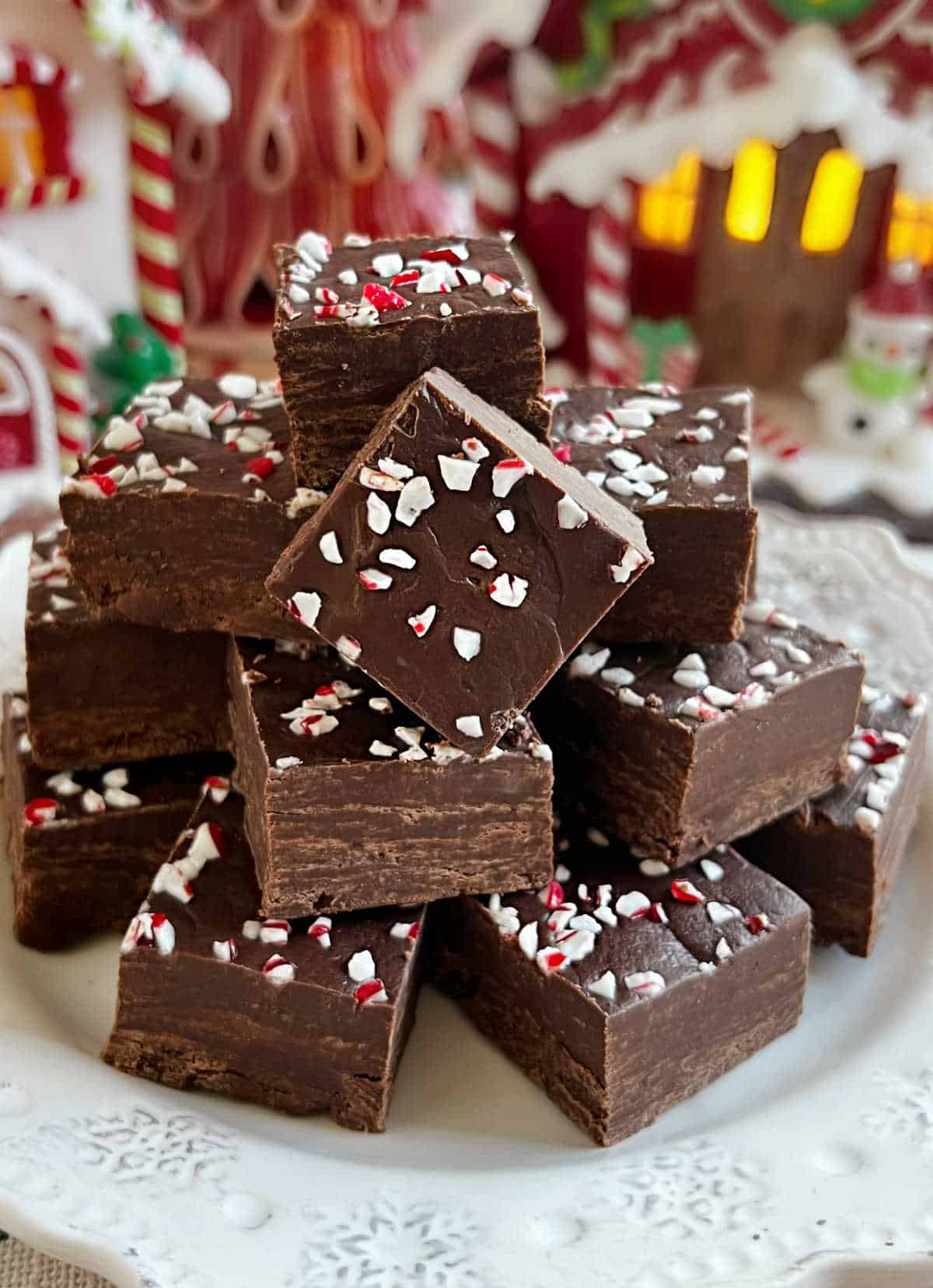 chocolate peppermint fudge on a plate.