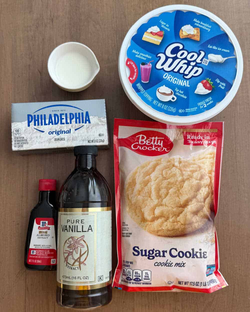 sugar cookie mix, cream cheese, cool whip, milk and extracts.