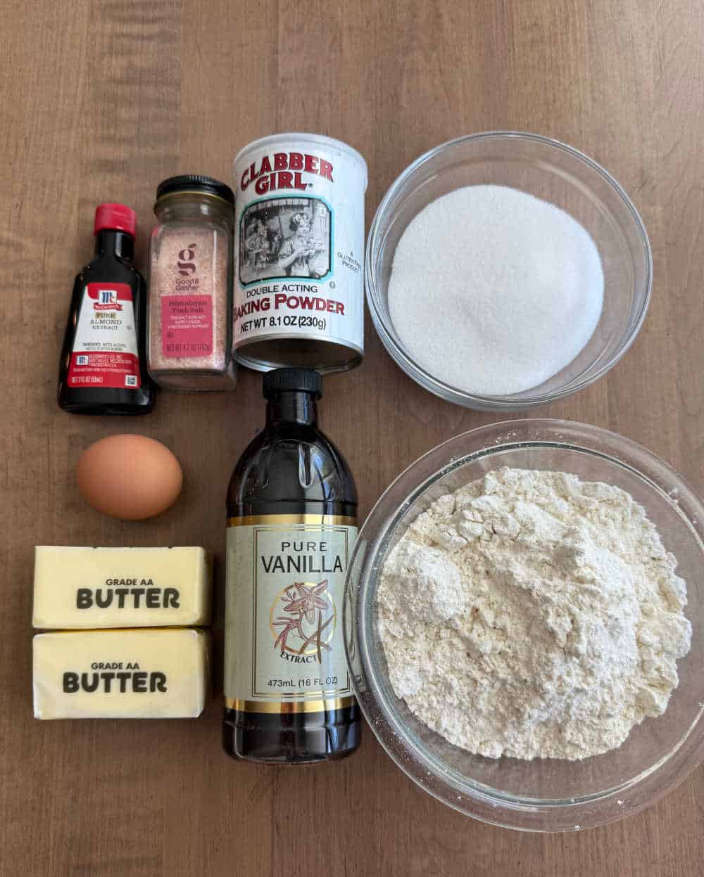 butter, flour, sugar and ingredients for cookies.