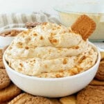 bowl of cookie butter dip with Biscoff cookies.