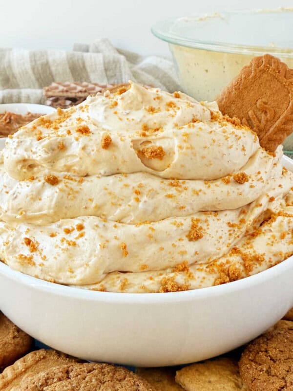 bowl of cookie butter dip with Biscoff cookies.