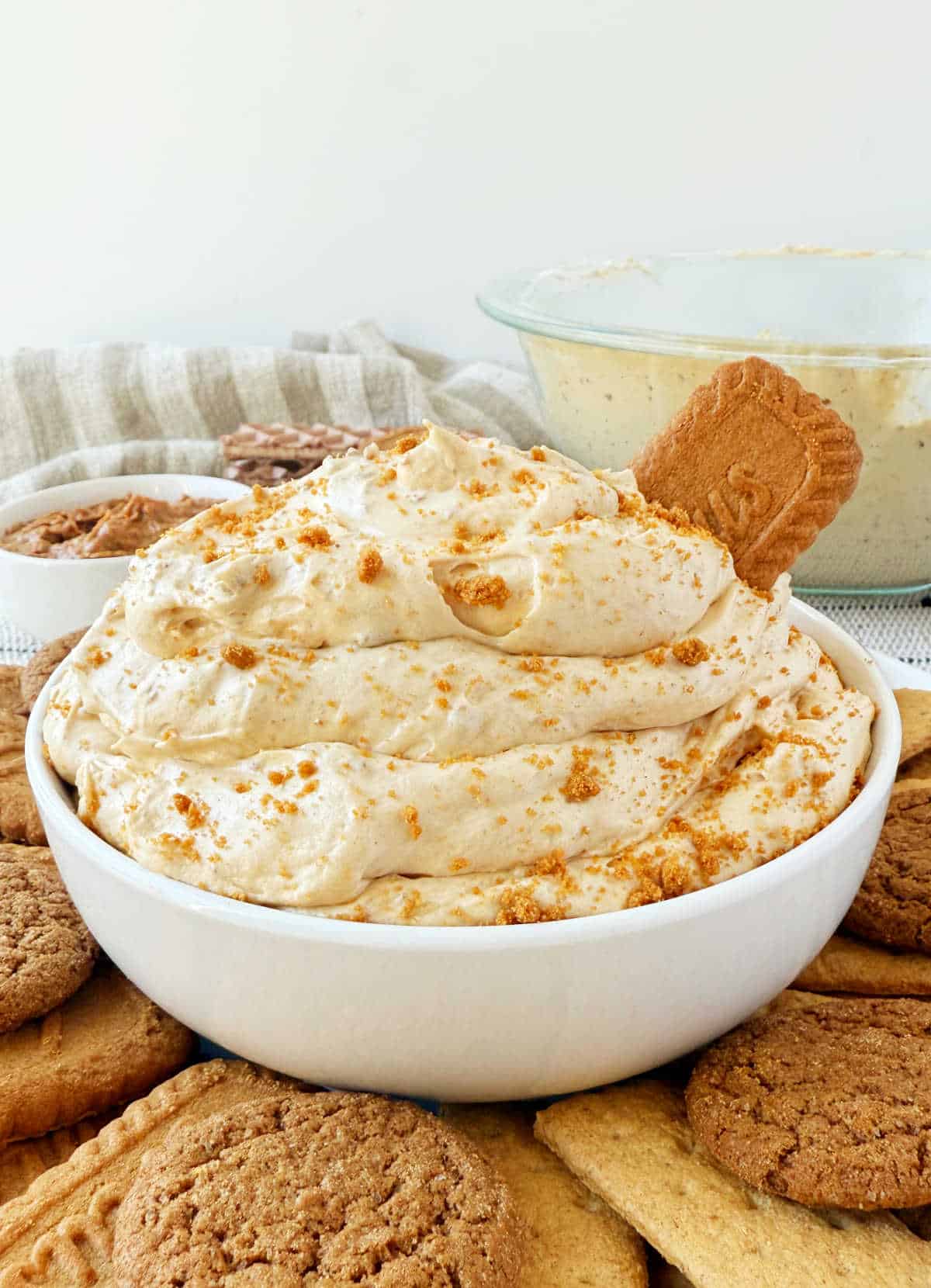 Biscoff cookie butter dip in white serving bowl with cookie dippers.