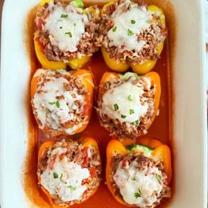 stuffed peppers baked in tomato sauce and topped with melted cheese.