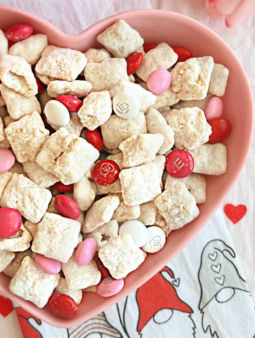 valentine muddy buddies in heart bowl.