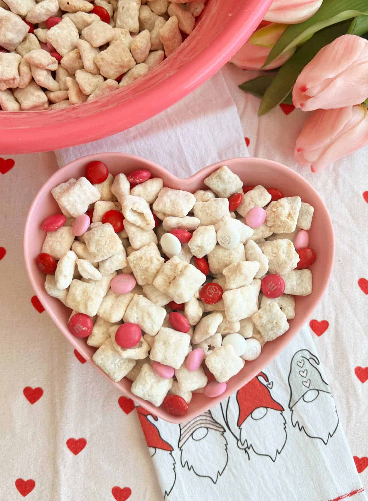 Valentine puppy chow in a pink heart bow.