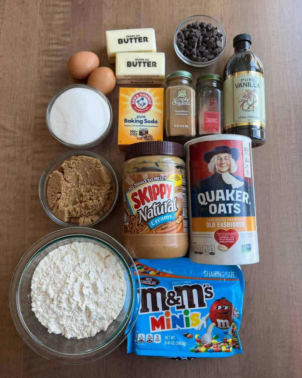 flour, peanut butter, quick oats and ingredients for cookie bars.