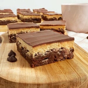 layered coffee brownies topped with coffee frosting and chocolate ganache.