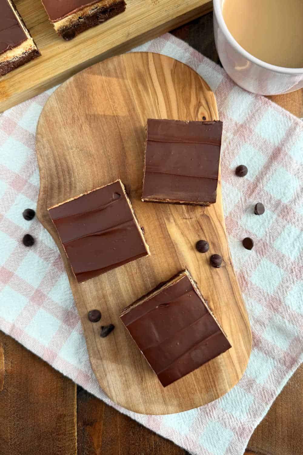 coffee brownie slices on cutting board with cup of coffee.